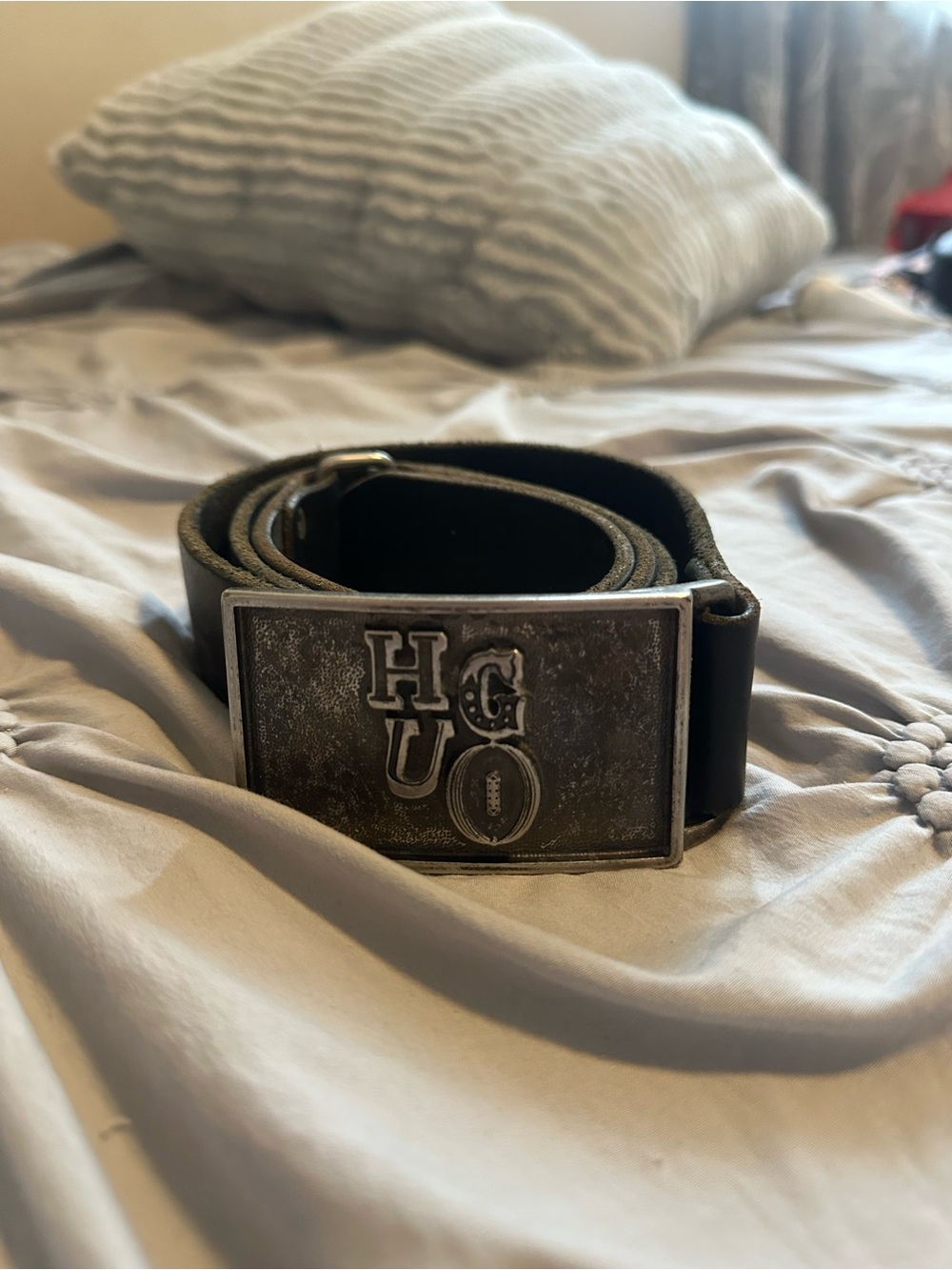 HUGO Black Leather Belt with Distressed Silver Logo Buckle